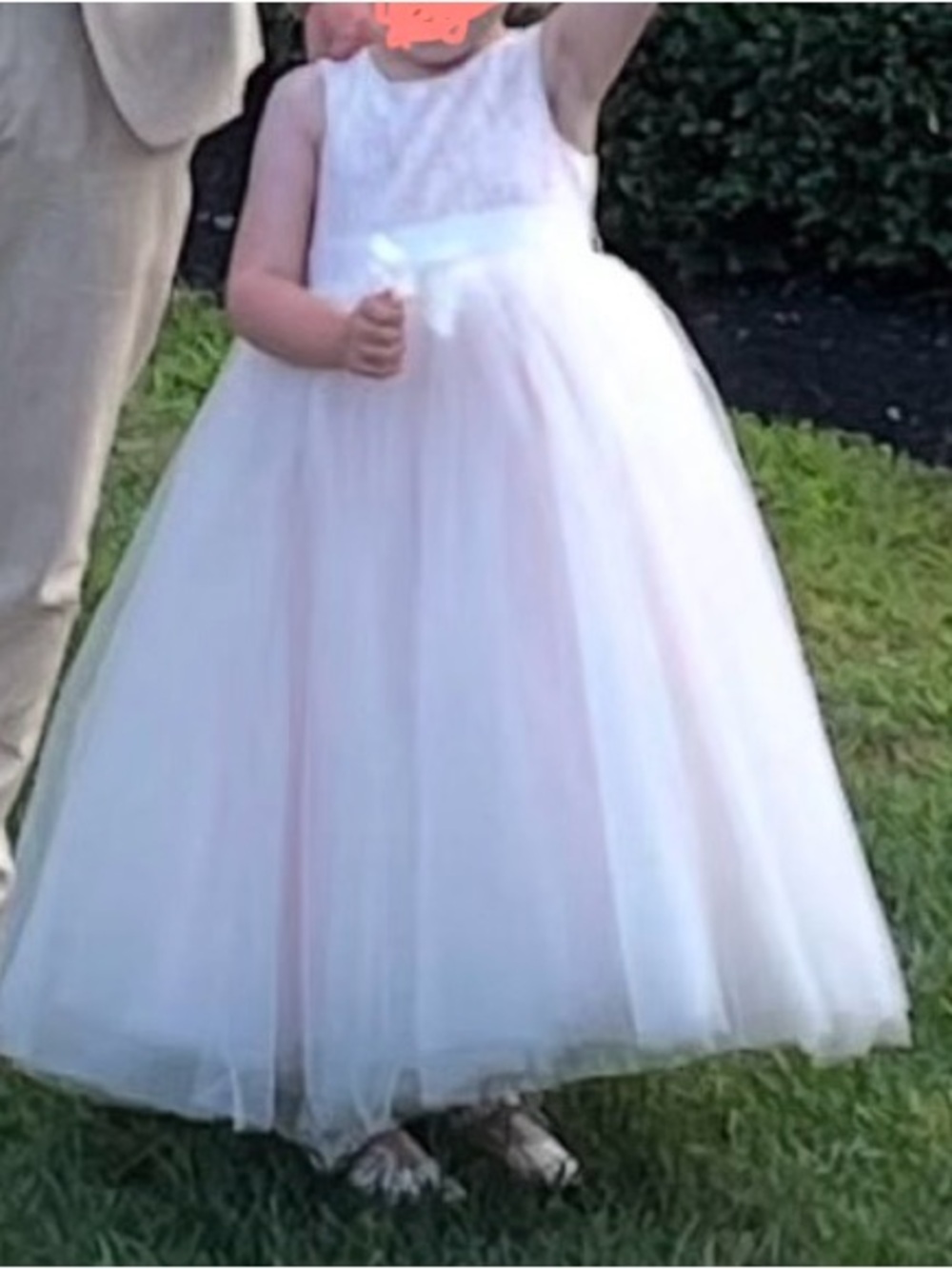 David's Bridal White Tulle Flower Girl Dress with Satin Bow